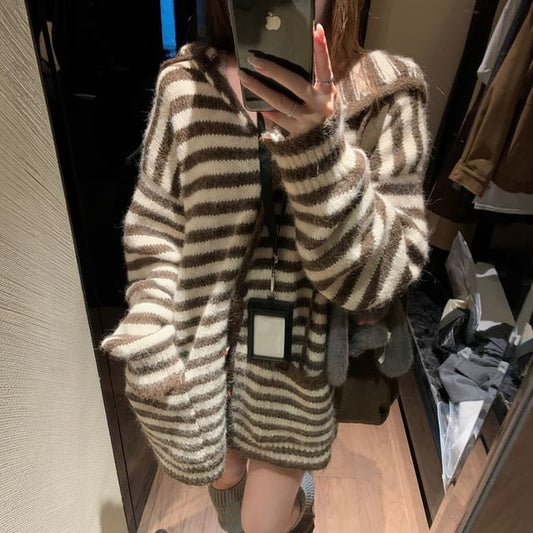 Hooded Striped Button Up Cardigan