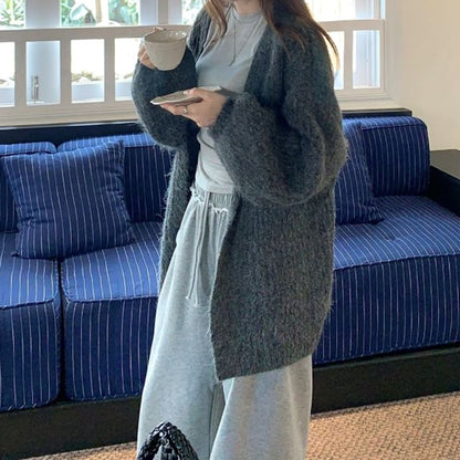 Balloon Sleeve V-Neck Plain Cardigan