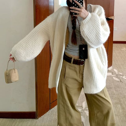 Balloon Sleeve V-Neck Plain Cardigan