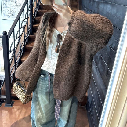 Balloon Sleeve V-Neck Plain Cardigan