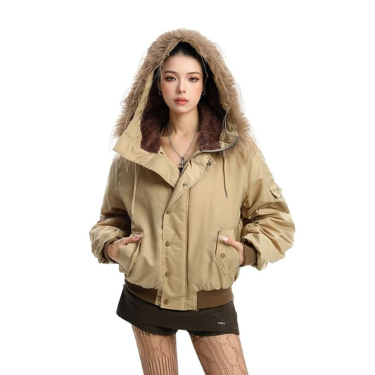 Furry Trim Hooded Button-up Jacket