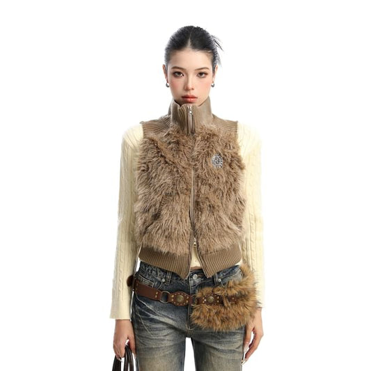 Turtleneck Zip-Up Faux Fur Sweater Vest