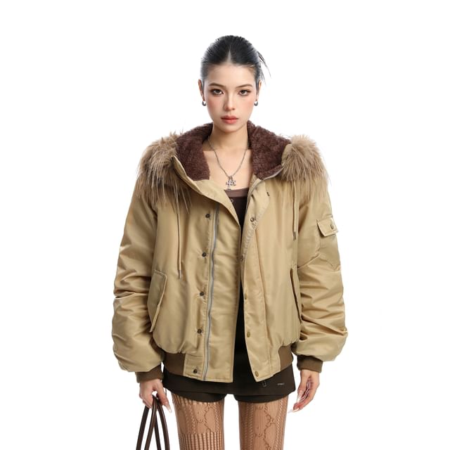Furry Trim Hooded Button-up Jacket