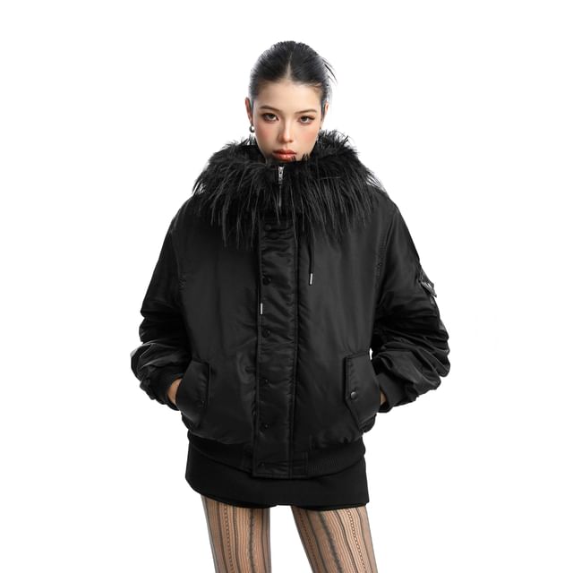 Furry Trim Hooded Button-up Jacket