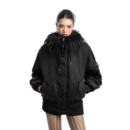 Furry Trim Hooded Button-up Jacket