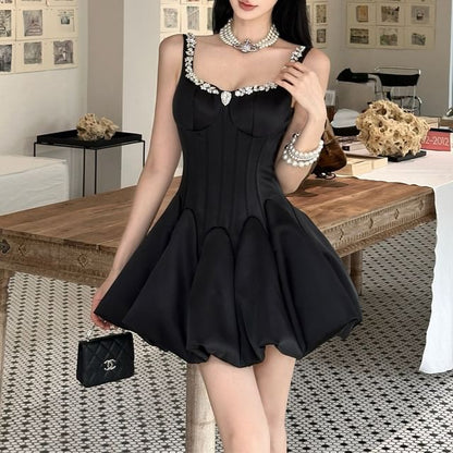 Sleeveless Sweetheart Neck Plain Rhinestone Satin Mini A-Line Balloon Cocktail Dress