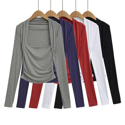 Slim-Fit Tee with Square Neckline and Extended Sleeves