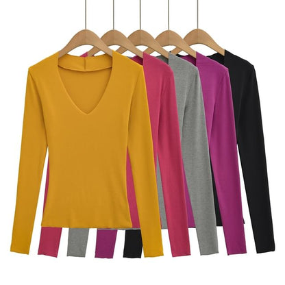 Slim-Fit Tee with V-Cut Neckline and Extended Sleeves