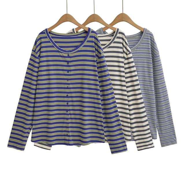 Striped Buttoned Tee with Round Neckline and Long Sleeves