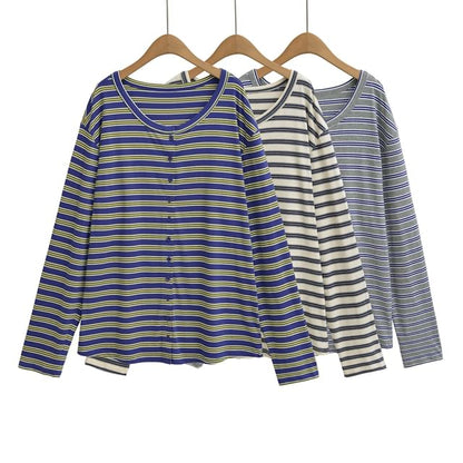 Striped Buttoned Tee with Round Neckline and Long Sleeves