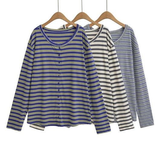 Striped Buttoned Tee with Round Neckline and Long Sleeves