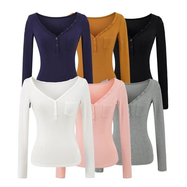 Henley Knit Top with V-Neckline and Pocket Detail Long Sleeves