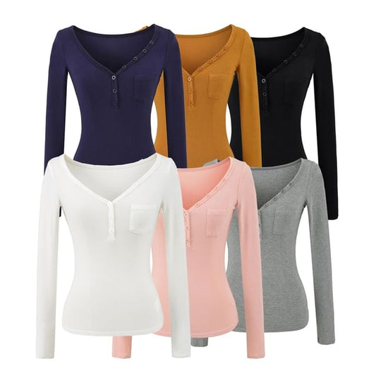 Henley Knit Top with V-Neckline and Pocket Detail Long Sleeves