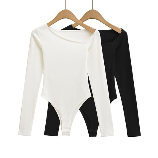 Asymmetric Neck Bodysuit Top with Extended Sleeves