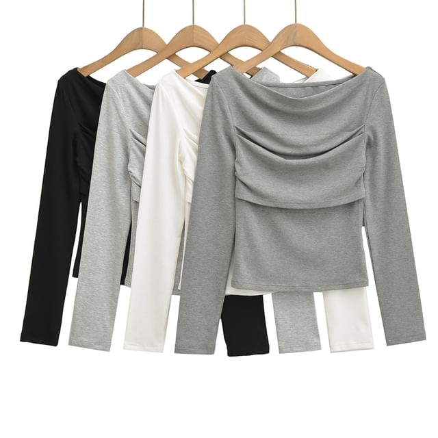 Slim Cropped Tee with Cowl Neckline and Ruched Long Sleeves
