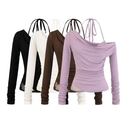 Ruched Slim-Fit Cowlneck Halter Tee with Long Sleeves, Solid Color