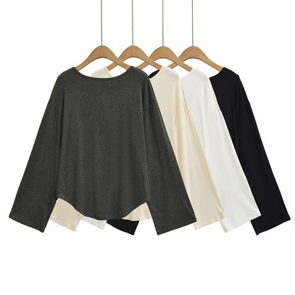 Open Back Tee with Boat Neckline and Scoop Hem Long Sleeves