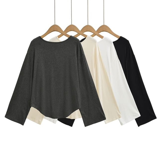 Open Back Tee with Boat Neckline and Scoop Hem Long Sleeves