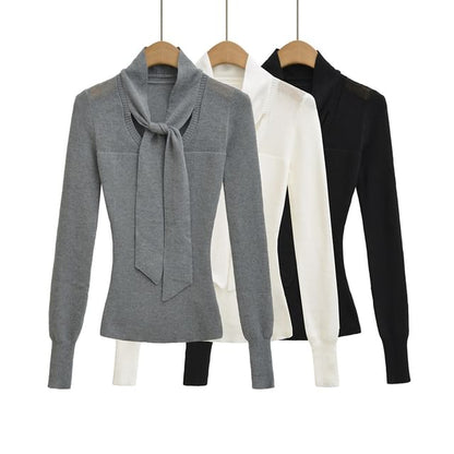 Knit Top with Tie Neckline and Long Sleeves