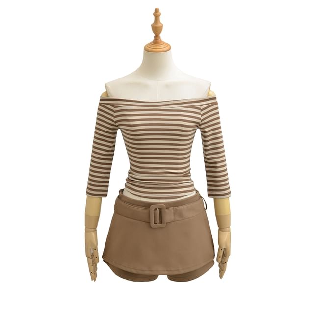 Off-Shoulder Striped Slim Tee with 3/4 Sleeves and Layered Skirt Shorts