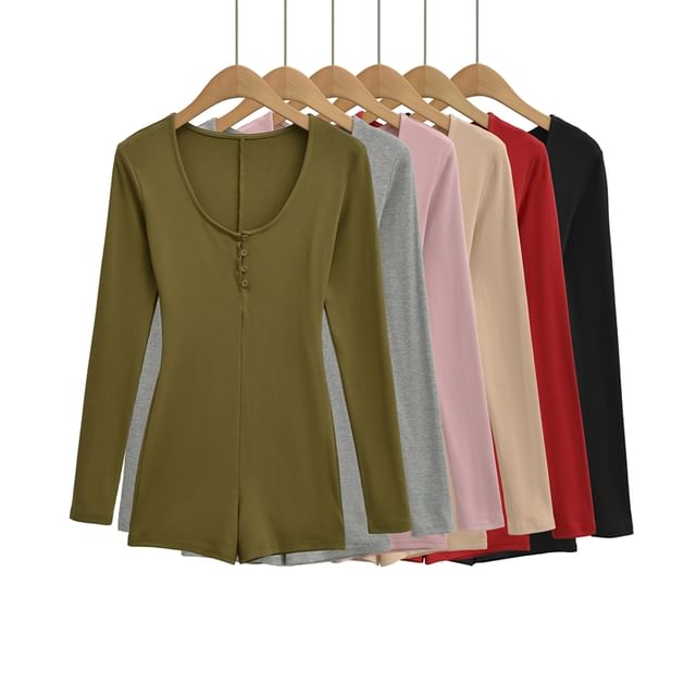 Slim-Fit Romper with Scoop Neckline and Henley Long Sleeves