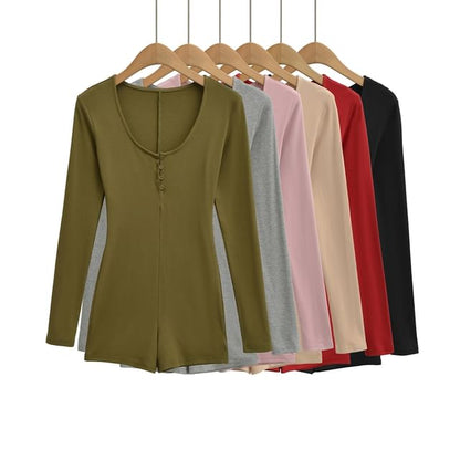 Slim-Fit Romper with Scoop Neckline and Henley Long Sleeves