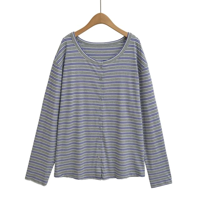 Striped Buttoned Tee with Round Neckline and Long Sleeves