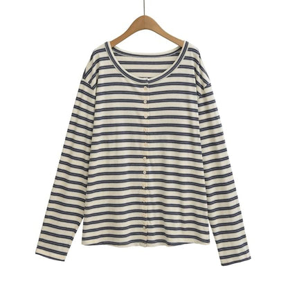 Striped Buttoned Tee with Round Neckline and Long Sleeves