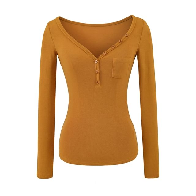Henley Knit Top with V-Neckline and Pocket Detail Long Sleeves