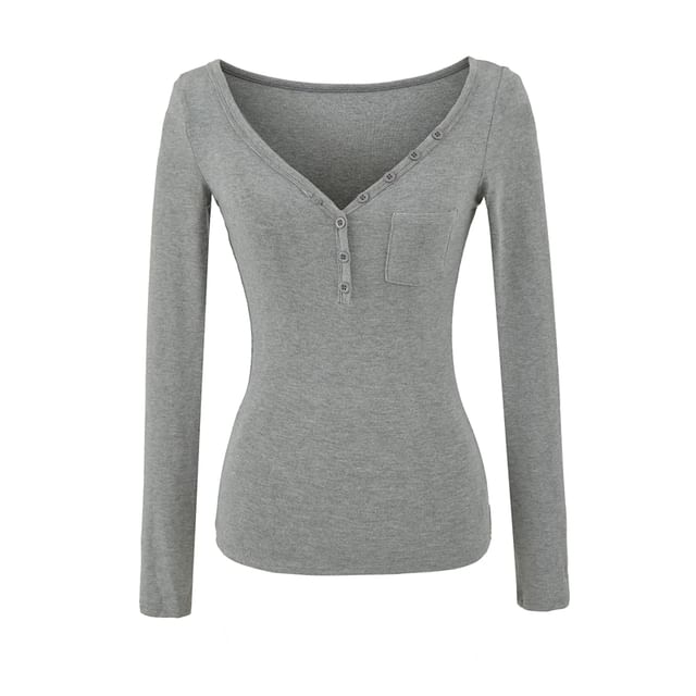 Henley Knit Top with V-Neckline and Pocket Detail Long Sleeves