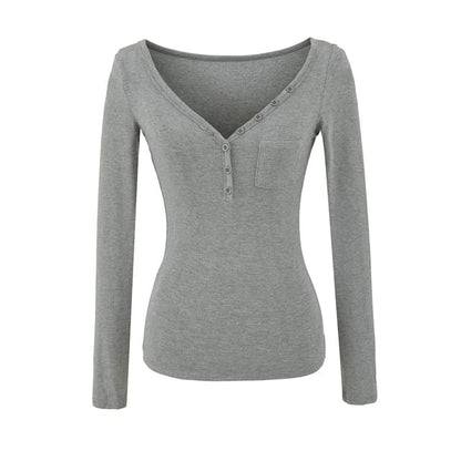 Henley Knit Top with V-Neckline and Pocket Detail Long Sleeves