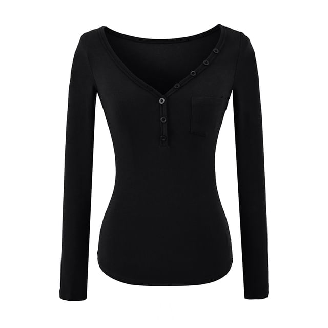 Henley Knit Top with V-Neckline and Pocket Detail Long Sleeves
