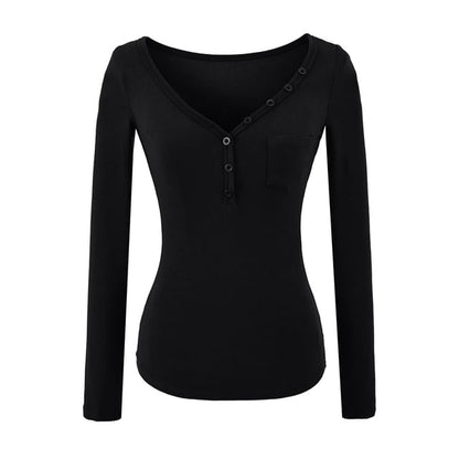 Henley Knit Top with V-Neckline and Pocket Detail Long Sleeves