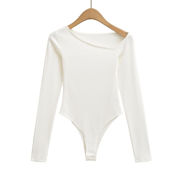 Asymmetric Neck Bodysuit Top with Extended Sleeves