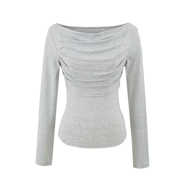 Slim Cropped Tee with Cowl Neckline and Ruched Long Sleeves