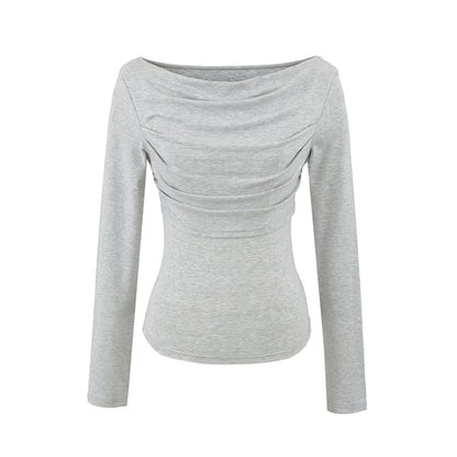 Slim Cropped Tee with Cowl Neckline and Ruched Long Sleeves