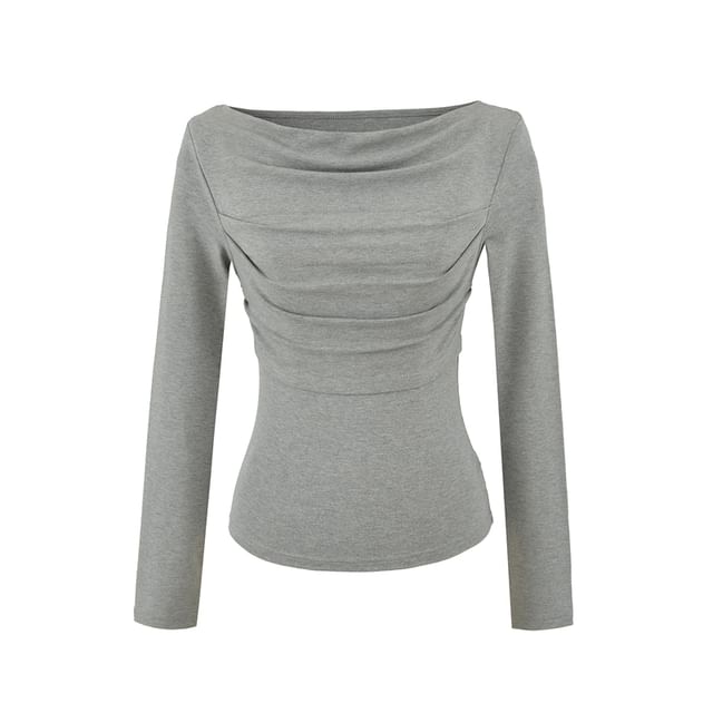 Slim Cropped Tee with Cowl Neckline and Ruched Long Sleeves
