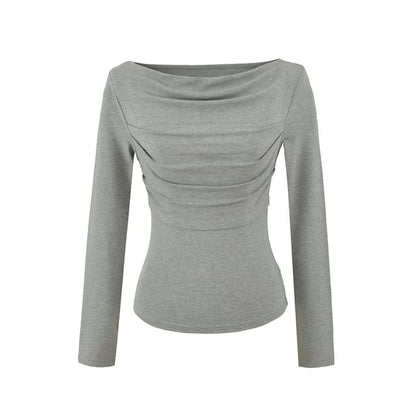 Slim Cropped Tee with Cowl Neckline and Ruched Long Sleeves