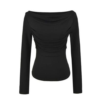 Slim Cropped Tee with Cowl Neckline and Ruched Long Sleeves