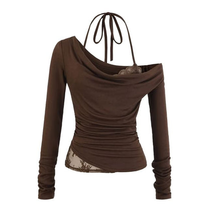 Ruched Slim-Fit Cowlneck Halter Tee with Long Sleeves, Solid Color