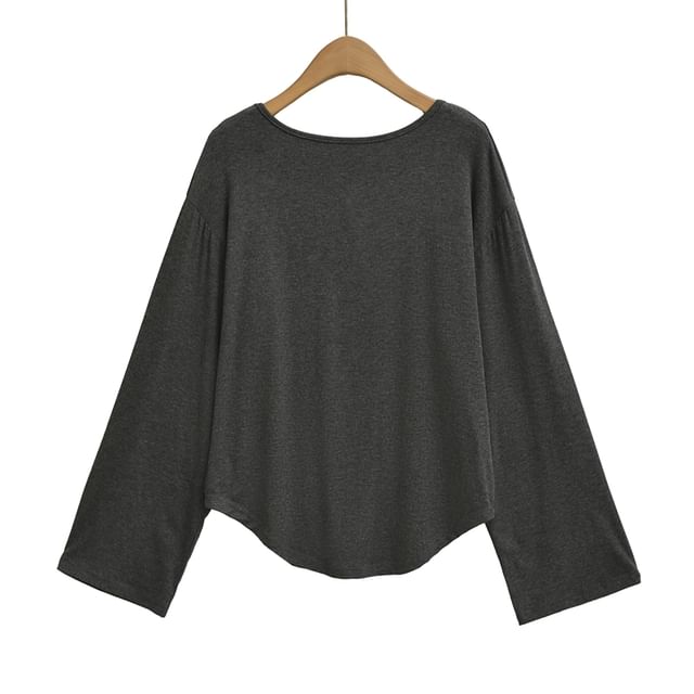 Open Back Tee with Boat Neckline and Scoop Hem Long Sleeves