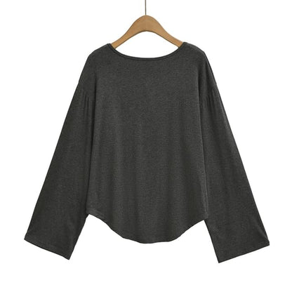 Open Back Tee with Boat Neckline and Scoop Hem Long Sleeves