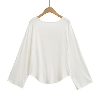 Open Back Tee with Boat Neckline and Scoop Hem Long Sleeves