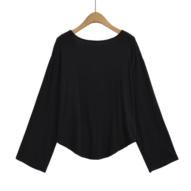 Open Back Tee with Boat Neckline and Scoop Hem Long Sleeves