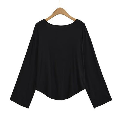 Open Back Tee with Boat Neckline and Scoop Hem Long Sleeves
