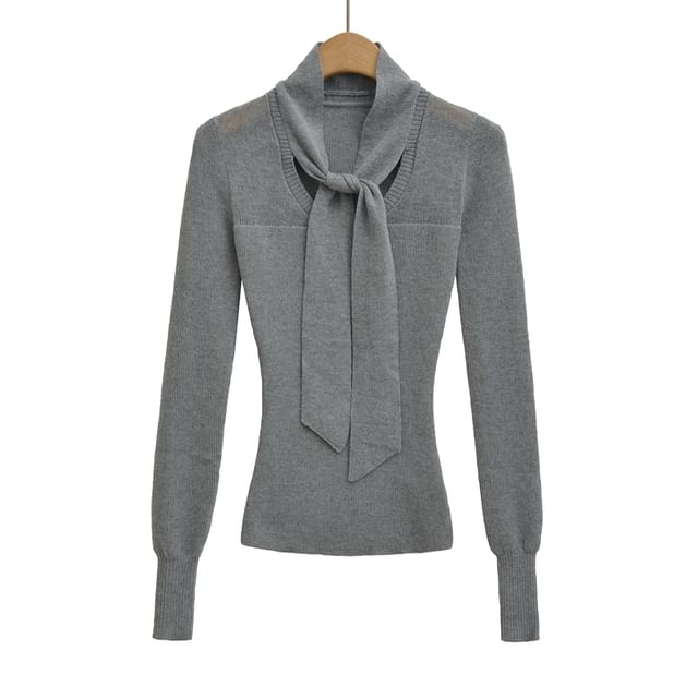 Knit Top with Tie Neckline and Long Sleeves