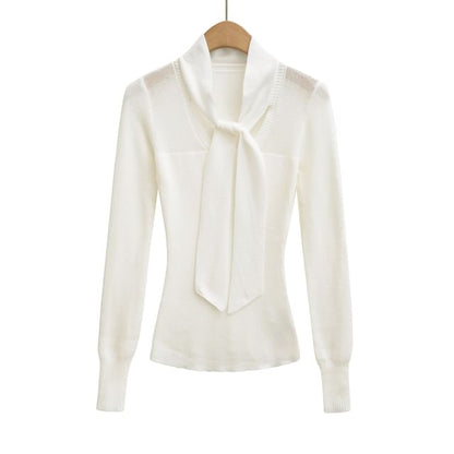 Knit Top with Tie Neckline and Long Sleeves