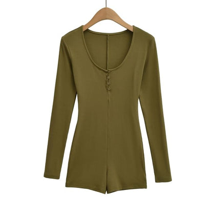 Slim-Fit Romper with Scoop Neckline and Henley Long Sleeves