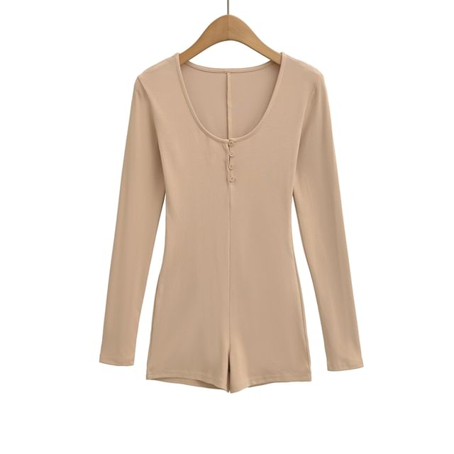 Slim-Fit Romper with Scoop Neckline and Henley Long Sleeves