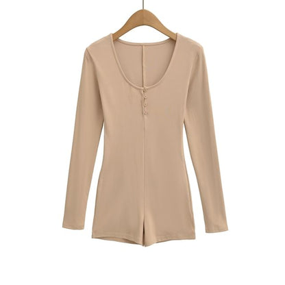 Slim-Fit Romper with Scoop Neckline and Henley Long Sleeves
